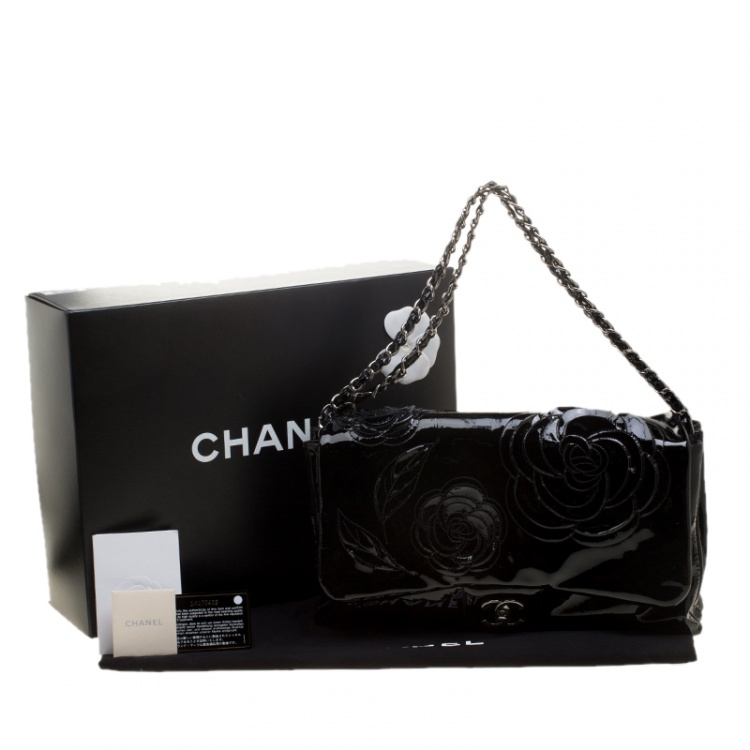 Pre Owned Chanel Black Patent Leather Camellia Accordion 3 Classic Flap Bag