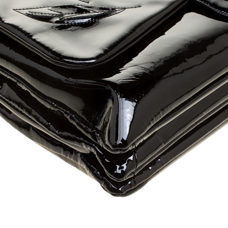 Pre Owned Chanel Black Patent Leather Camellia Accordion 3 Classic Flap Bag
