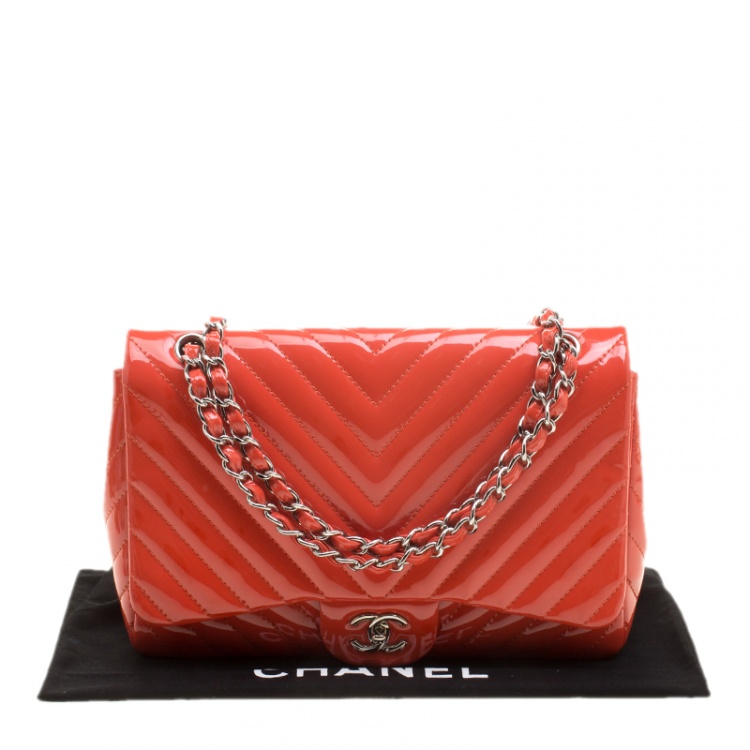 Pre Owned Chanel Coral Quilted Patent Leather Chevron Jumbo Classic Flap Bag