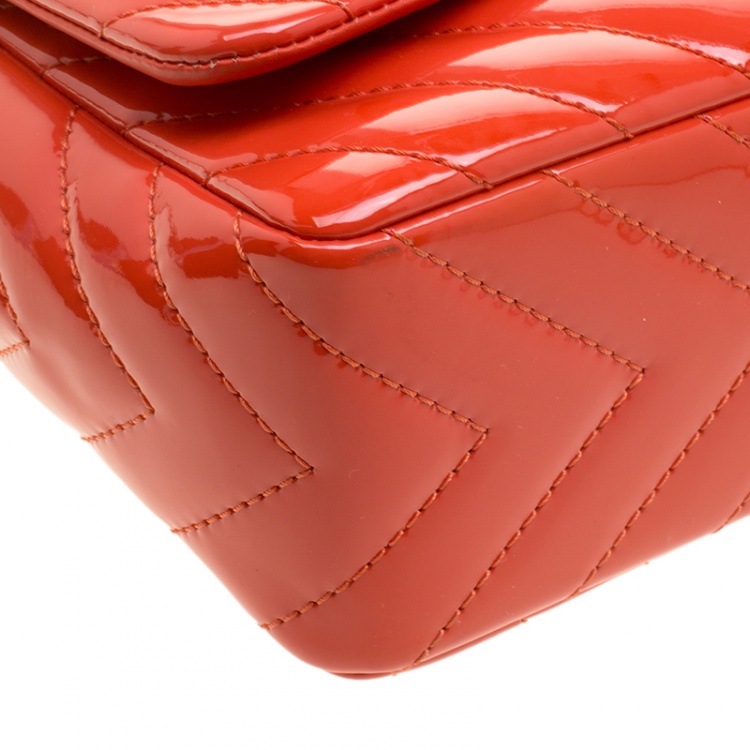 Pre Owned Chanel Coral Quilted Patent Leather Chevron Jumbo Classic Flap Bag