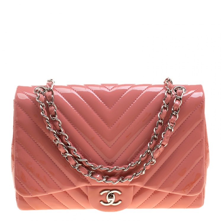 Pre Owned Chanel Peach Pink Quilted Patent Leather Chevron Jumbo Classic Flap Bag