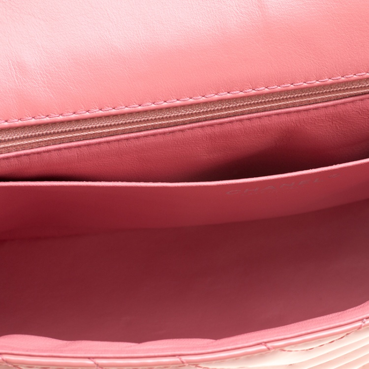 Pre Owned Chanel Peach Pink Quilted Patent Leather Chevron Jumbo Classic Flap Bag