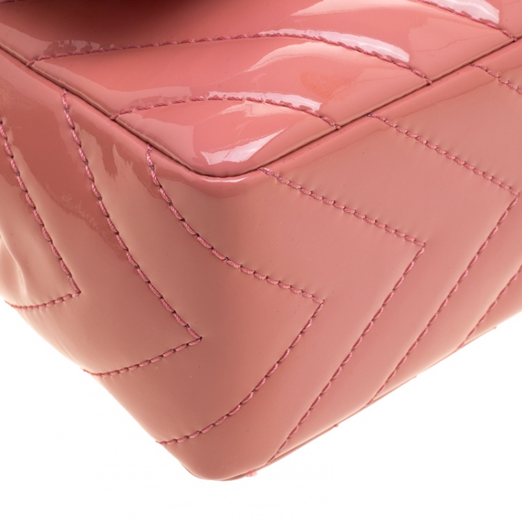 Pre Owned Chanel Peach Pink Quilted Patent Leather Chevron Jumbo Classic Flap Bag