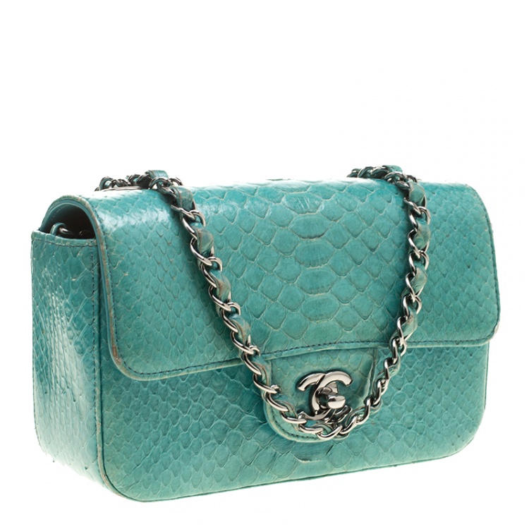 Pre Owned Chanel Turquoise Python New Mini Classic Single Flap Bag
