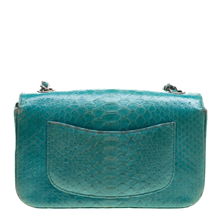 Pre Owned Chanel Turquoise Python New Mini Classic Single Flap Bag