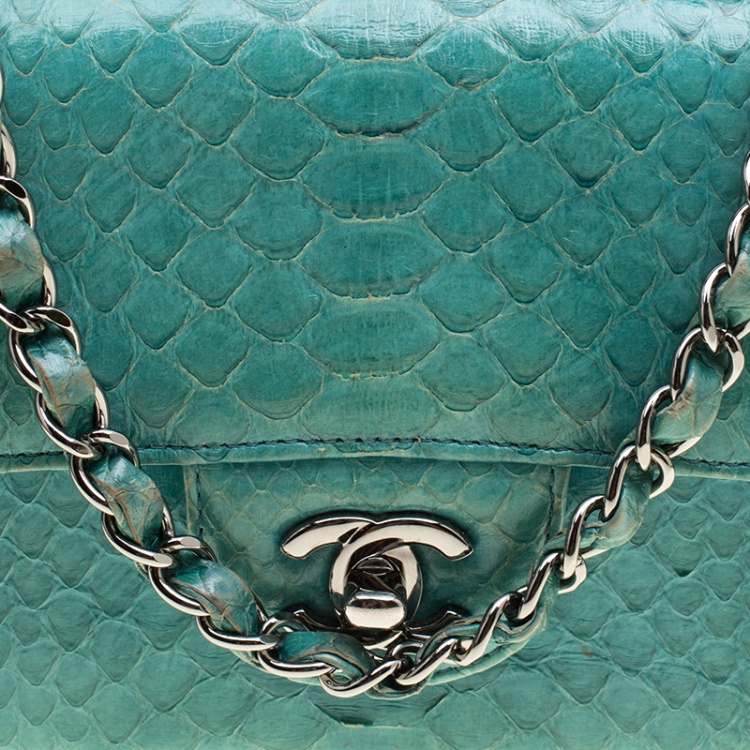 Pre Owned Chanel Turquoise Python New Mini Classic Single Flap Bag