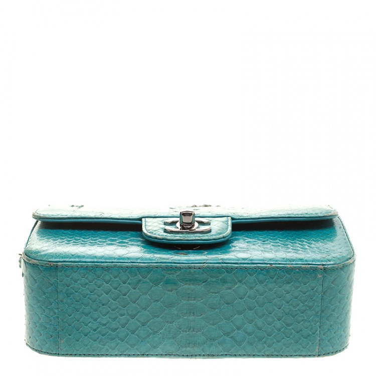 Pre Owned Chanel Turquoise Python New Mini Classic Single Flap Bag