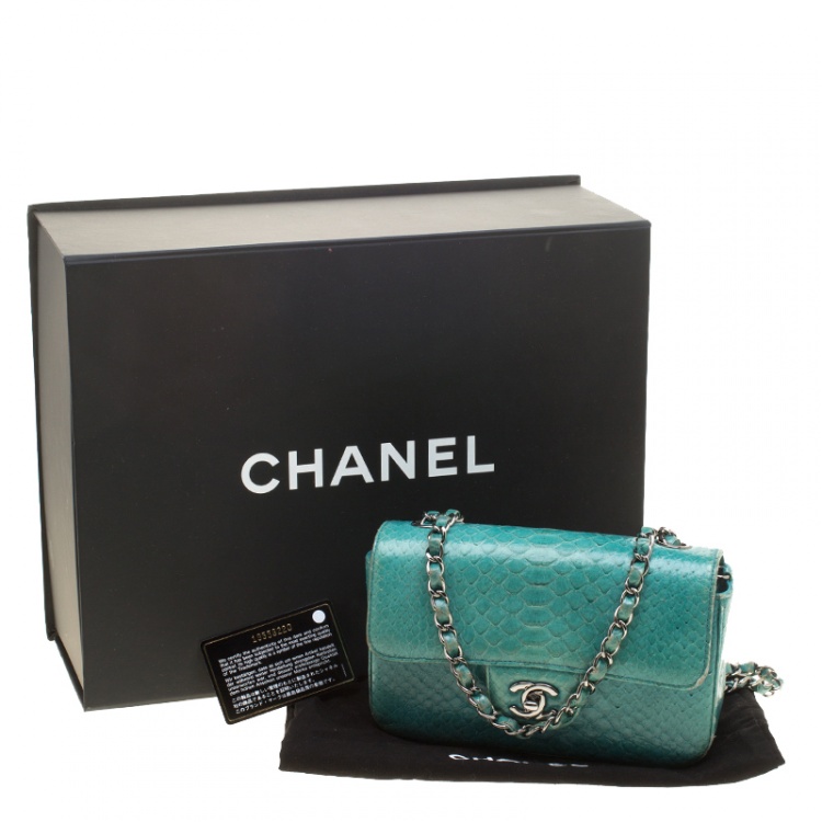 Pre Owned Chanel Turquoise Python New Mini Classic Single Flap Bag