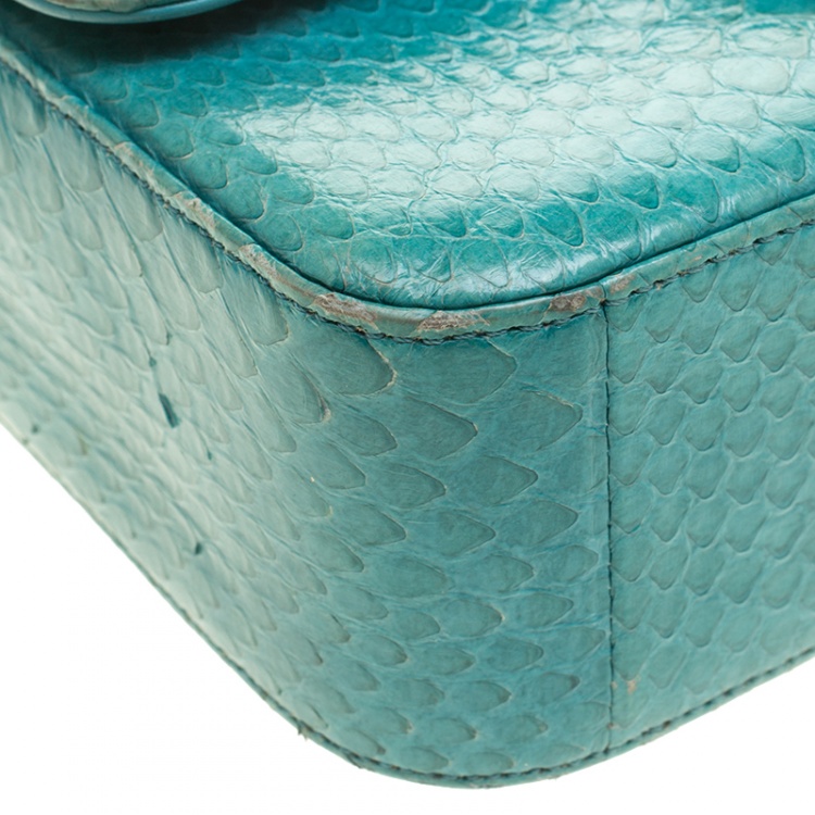 Pre Owned Chanel Turquoise Python New Mini Classic Single Flap Bag