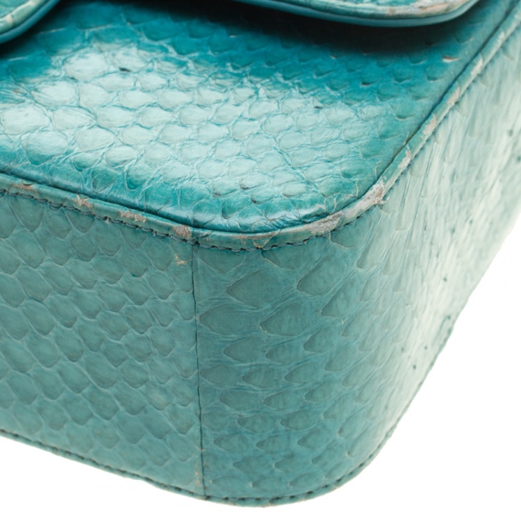 Pre Owned Chanel Turquoise Python New Mini Classic Single Flap Bag