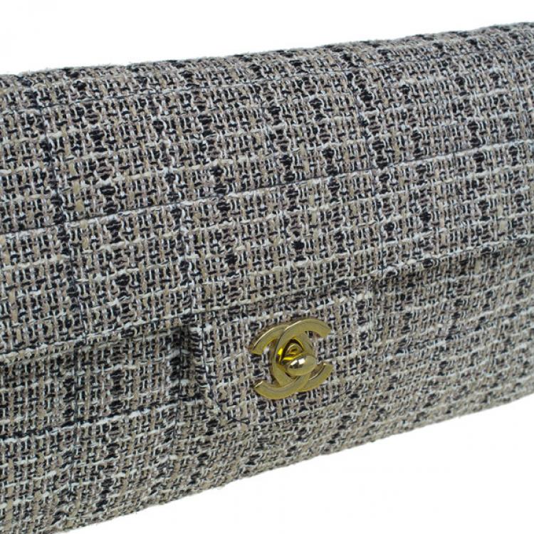 Pre Owned Chanel Black Tweed Quilted East West Flap Bag