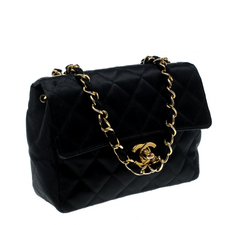 Pre Owned Chanel Black Quilted Satin Mini Vintage Classic Single Flap Bag