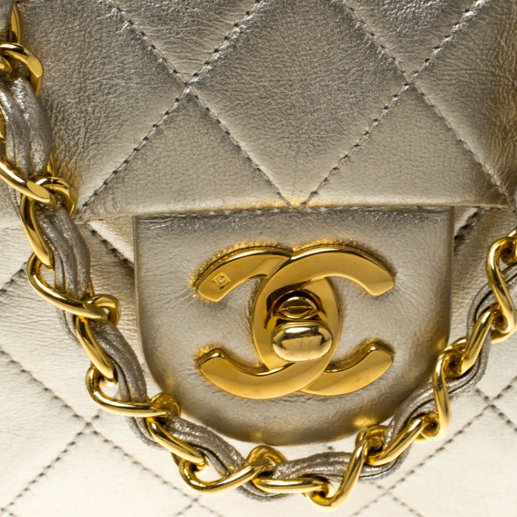 Pre Owned Chanel Light Gold Quilted Leather Mini Vintage Classic Single Flap Bag