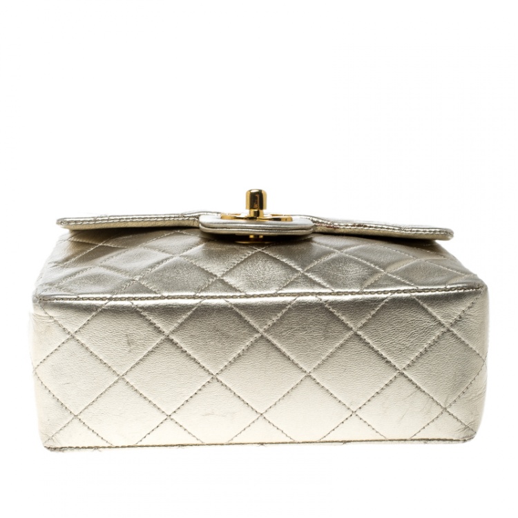 Pre Owned Chanel Light Gold Quilted Leather Mini Vintage Classic Single Flap Bag