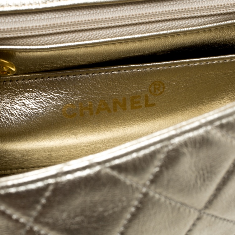 Pre Owned Chanel Light Gold Quilted Leather Mini Vintage Classic Single Flap Bag