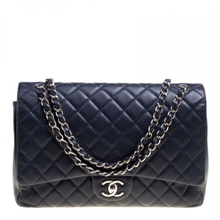 Pre Owned Chanel Navy Blue Quilted Leather Maxi Classic Single Flap Bag