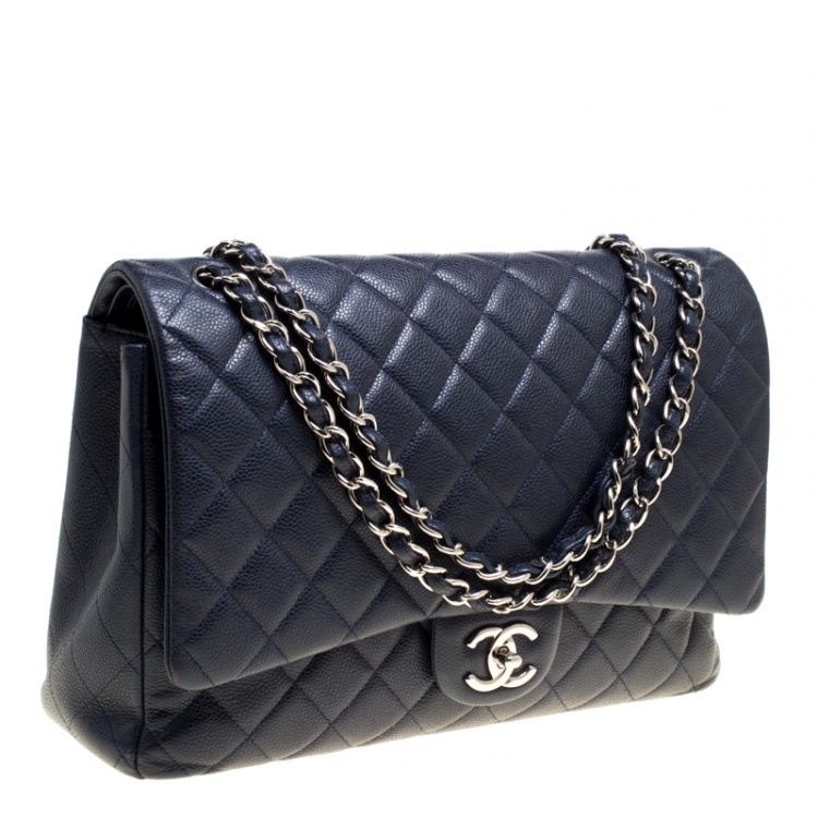 Pre Owned Chanel Navy Blue Quilted Leather Maxi Classic Single Flap Bag