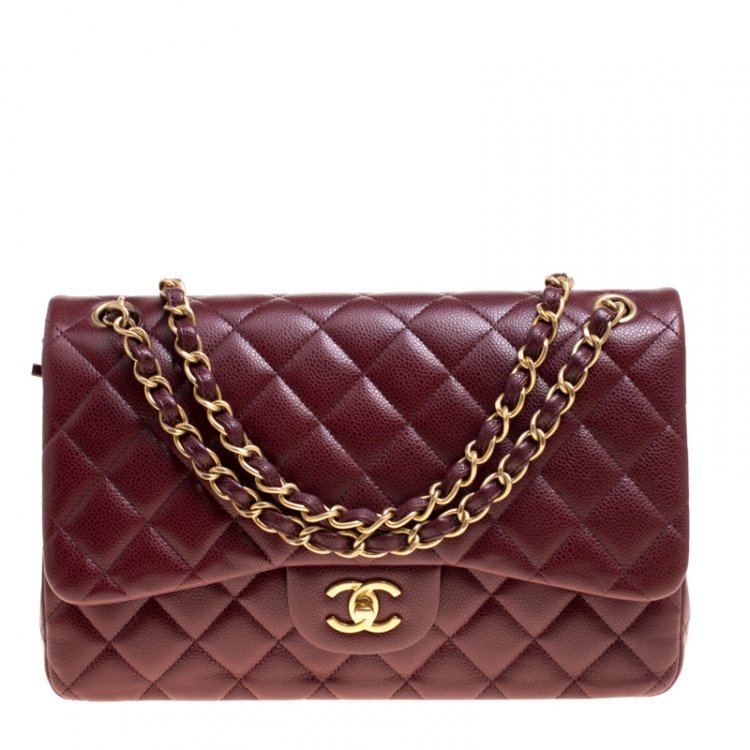 Chanel Burgundy Quilted Caviar Leather Jumbo Classic Double Flap Bag Chanel