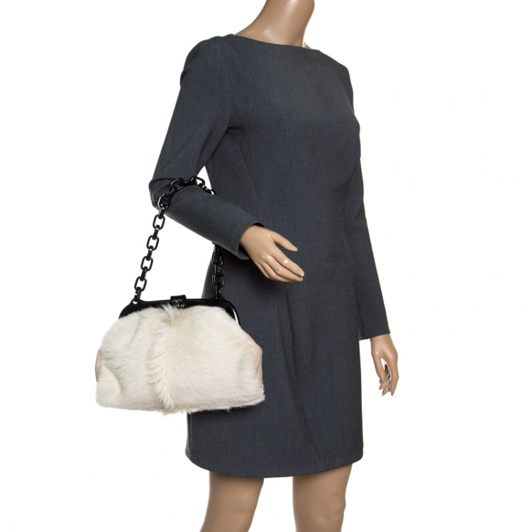 Pre Owned Chanel Off White Fur and Leather No. 5 Frame Satchel