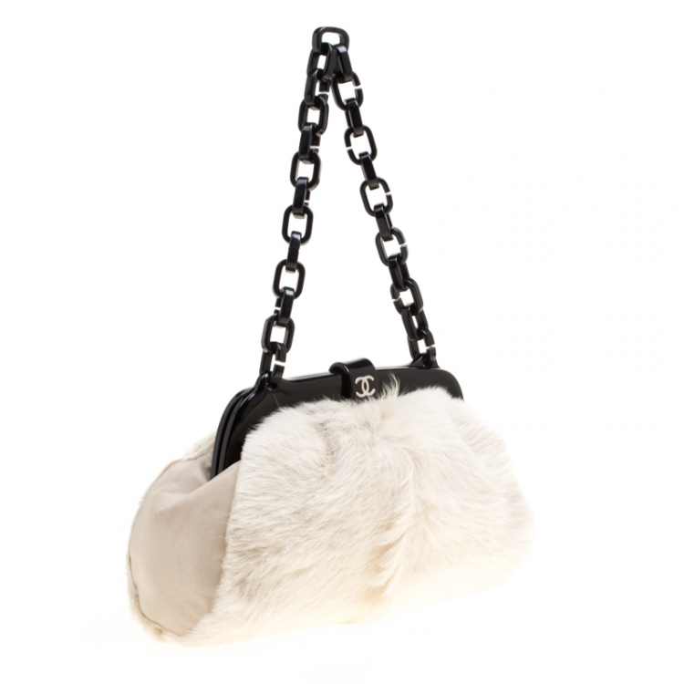 Pre Owned Chanel Off White Fur and Leather No. 5 Frame Satchel