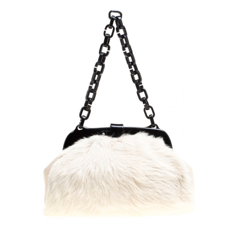 Pre Owned Chanel Off White Fur and Leather No. 5 Frame Satchel