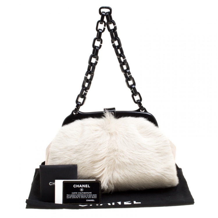 Pre Owned Chanel Off White Fur and Leather No. 5 Frame Satchel
