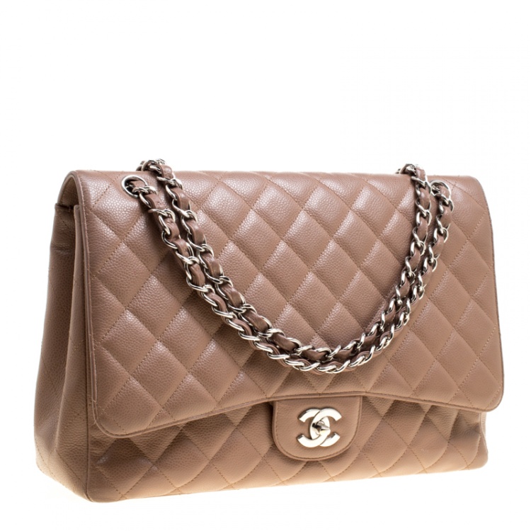 Pre Owned Chanel Pale Taupe Quilted Leather Maxi Classic Single Flap Bag