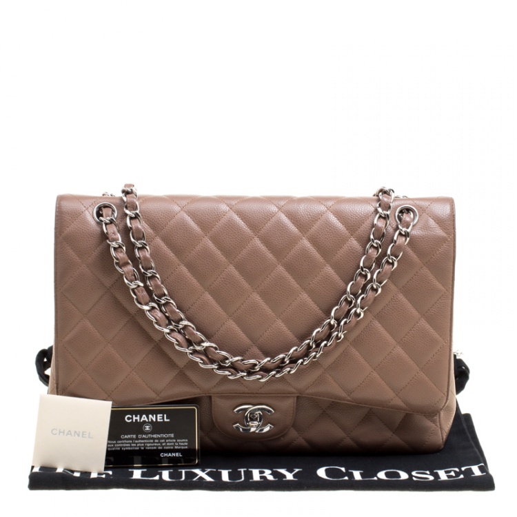 Pre Owned Chanel Pale Taupe Quilted Leather Maxi Classic Single Flap Bag