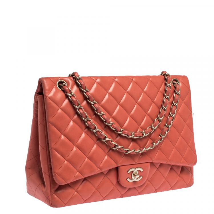 Pre Owned Chanel Red Quilted Leather Maxi Classic Single Flap Bag