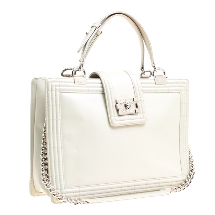 Pre Owned Chanel Off White Leather Reverso Boy Tote