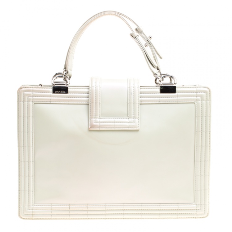 Pre Owned Chanel Off White Leather Reverso Boy Tote