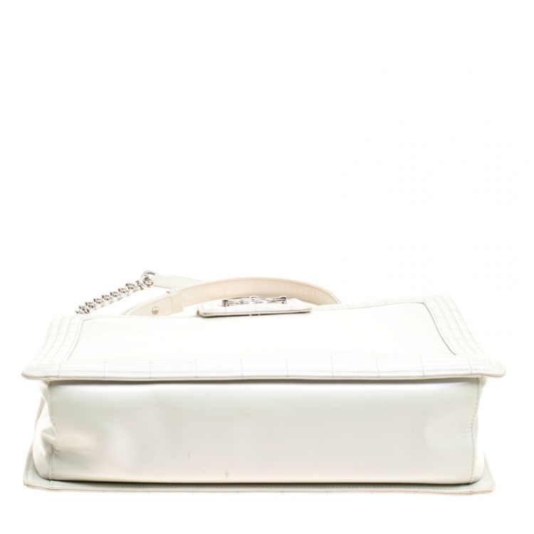 Pre Owned Chanel Off White Leather Reverso Boy Tote