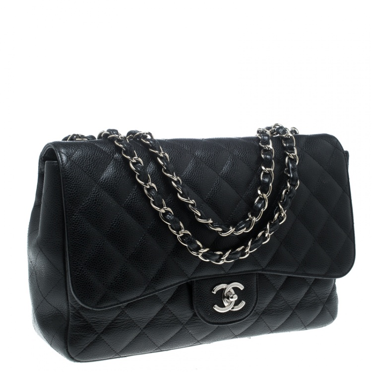 Pre Owned Chanel Black Quilted Caviar Leather Jumbo Classic Single Flap Bag