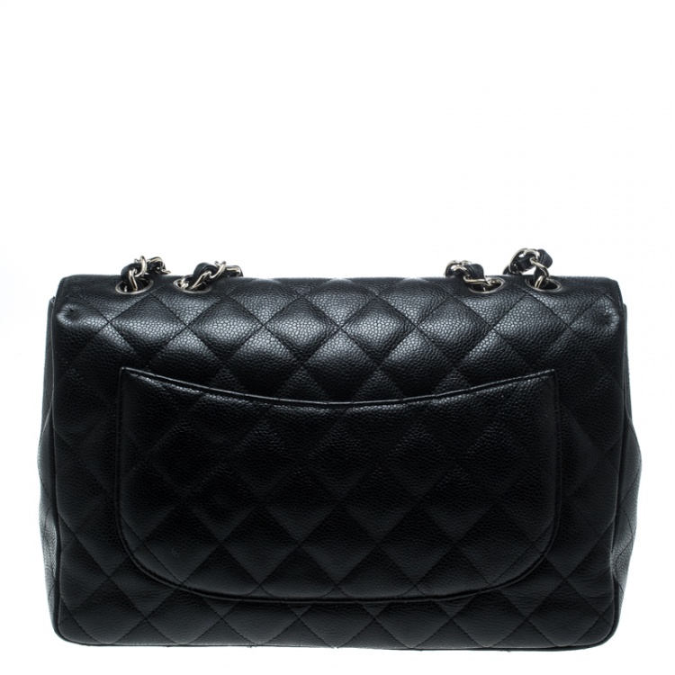 Pre Owned Chanel Black Quilted Caviar Leather Jumbo Classic Single Flap Bag