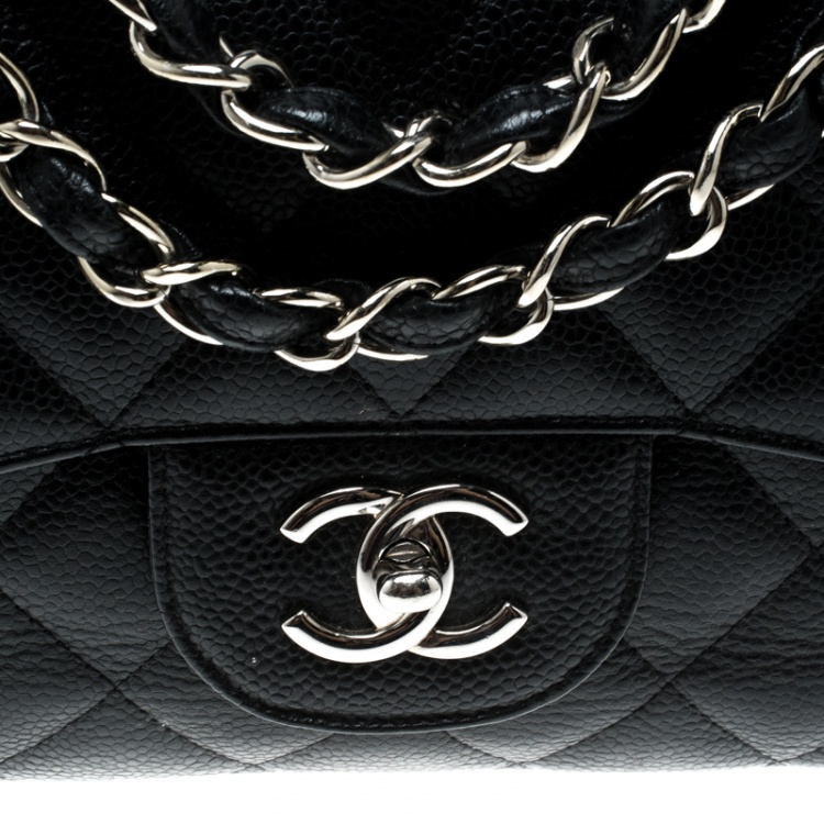 Pre Owned Chanel Black Quilted Caviar Leather Jumbo Classic Single Flap Bag