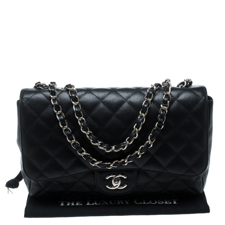 Pre Owned Chanel Black Quilted Caviar Leather Jumbo Classic Single Flap Bag