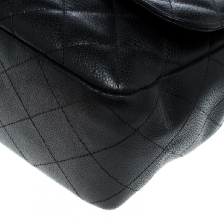 Pre Owned Chanel Black Quilted Caviar Leather Jumbo Classic Single Flap Bag