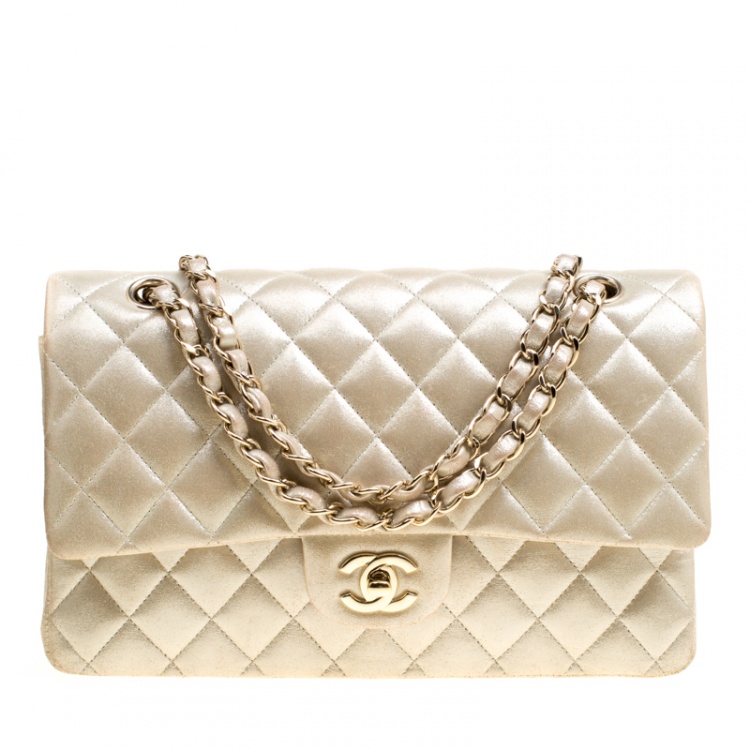 Chanel Metallic Beige Shimmering Quilted Leather Medium Classic Double Flap  Bag Chanel | The Luxury Closet