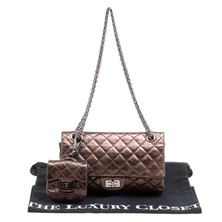 Pre Owned Chanel Bronze Quilted Leather Reissue 2.55 Classic 225 Flap Bag with Coin Purse Accessories