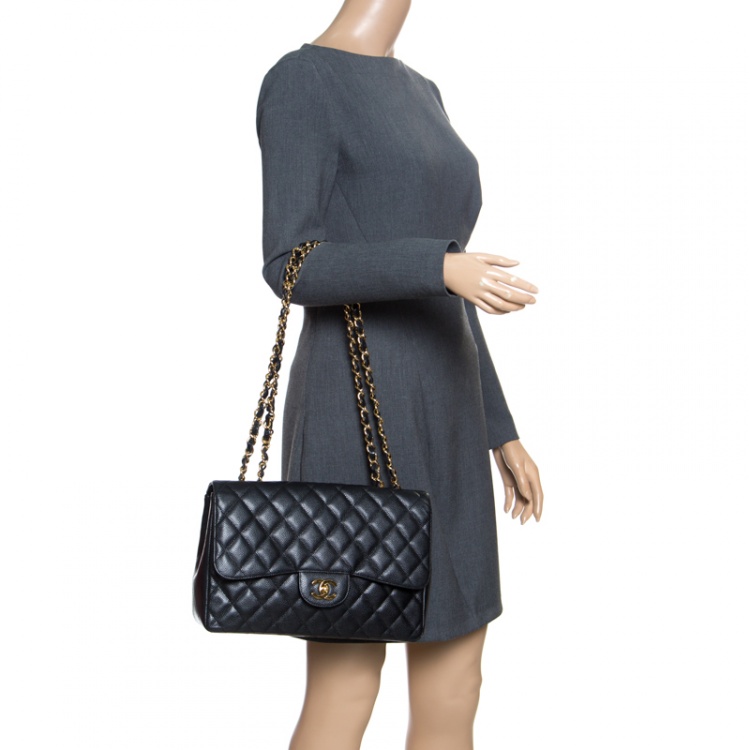 Pre Owned Chanel Black Quilted Caviar Leather Jumbo Classic Single Flap Bag