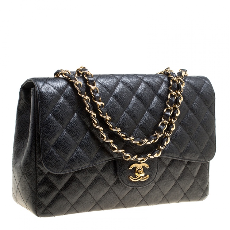Pre Owned Chanel Black Quilted Caviar Leather Jumbo Classic Single Flap Bag