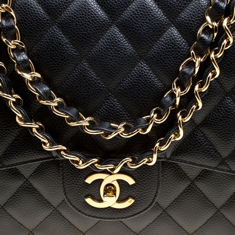 Pre Owned Chanel Black Quilted Caviar Leather Jumbo Classic Single Flap Bag