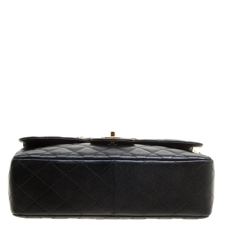 Pre Owned Chanel Black Quilted Caviar Leather Jumbo Classic Single Flap Bag