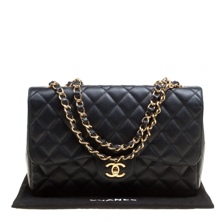 Pre Owned Chanel Black Quilted Caviar Leather Jumbo Classic Single Flap Bag