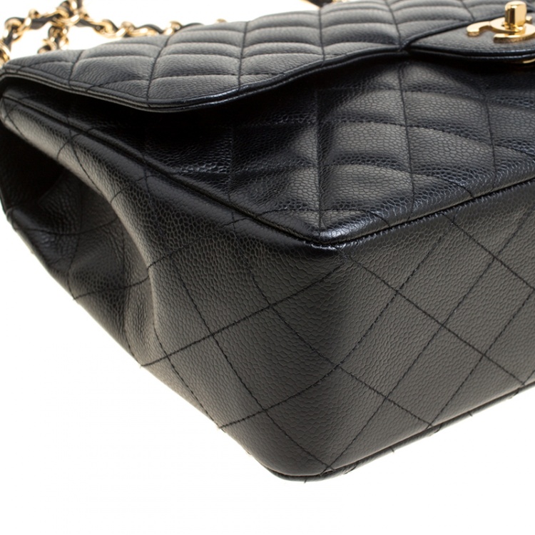 Pre Owned Chanel Black Quilted Caviar Leather Jumbo Classic Single Flap Bag