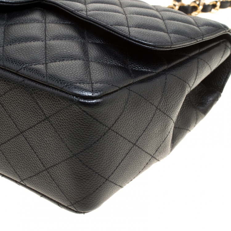Pre Owned Chanel Black Quilted Caviar Leather Jumbo Classic Single Flap Bag
