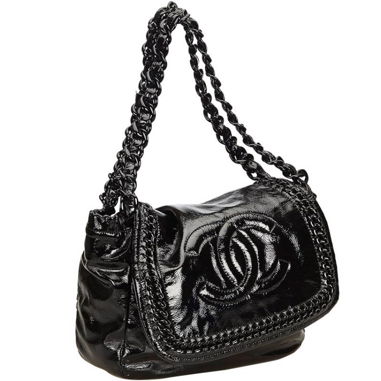 Chanel Black Patent Leather Luxe Ligne Accordion Flap Shoulder Bag Chanel