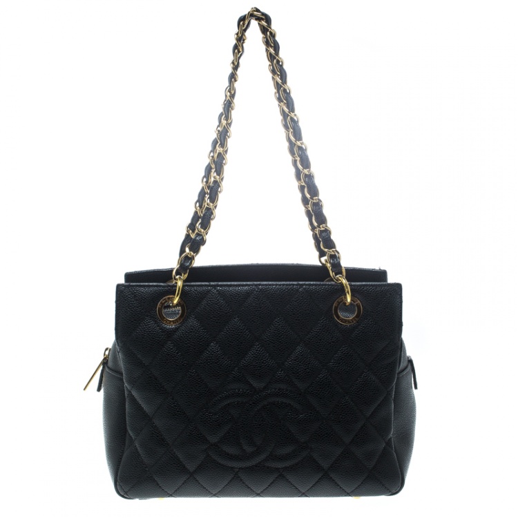 Pre Owned Chanel Black Quilted Caviar Leather Petite Timeless Shopper Tote