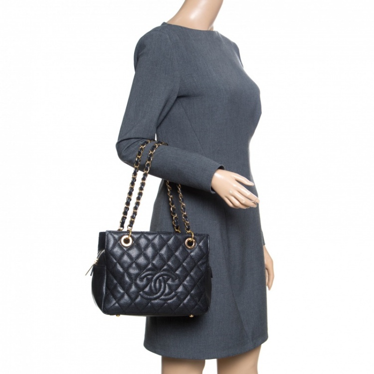 Pre Owned Chanel Black Quilted Caviar Leather Petite Timeless Shopper Tote