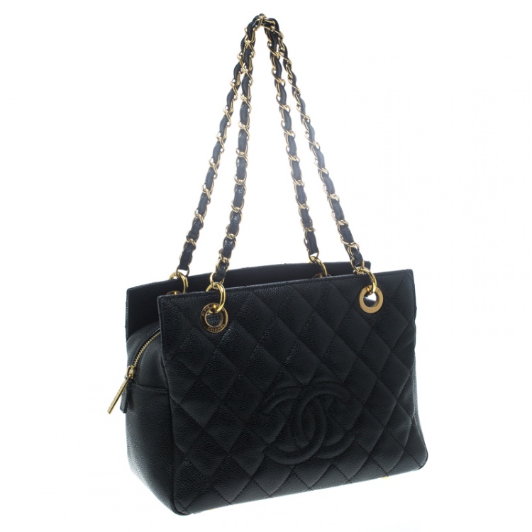 Pre Owned Chanel Black Quilted Caviar Leather Petite Timeless Shopper Tote